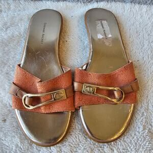 Etienne Aigner Women's Leather Open Toe Slides Flat Sandals Size 6.5 Gold Orange